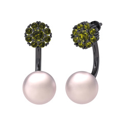 Fiona İnci Küpe - Peridot ve pembe inci 925 ayar siyah rodyum kaplama gümüş küpe #1hlhbwm
