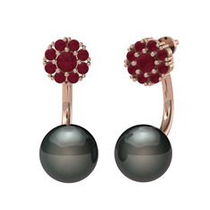 Kök yakut ve siyah inci 14 ayar rose altın küpe