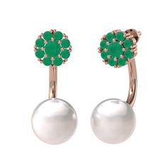 Kök zümrüt ve inci 14 ayar rose altın küpe