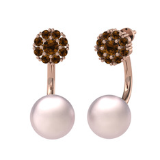 Dumanlı kuvars ve pembe inci 14 ayar rose altın küpe