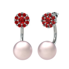 Fiona İnci Küpe - Garnet ve pembe inci 14 ayar beyaz altın küpe #1v5v445