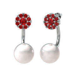 Garnet ve inci 8 ayar beyaz altın küpe