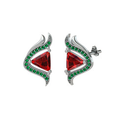 Garnet ve yeşil kuvars 18 ayar beyaz altın küpe