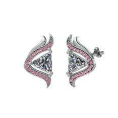 Zinnia Küpe - Swarovski ve pembe kuvars 14 ayar beyaz altın küpe #16enydl