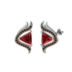 Garnet ve dumanlı kuvars 8 ayar beyaz altın küpe