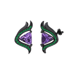 Ametist ve yeşil kuvars 925 ayar siyah rodyum kaplama gümüş küpe