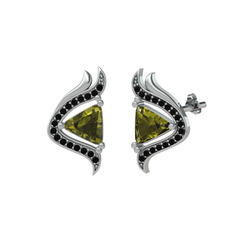 Peridot ve siyah zirkon 14 ayar beyaz altın küpe