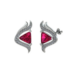 Rodolit garnet ve beyaz zirkon 8 ayar beyaz altın küpe