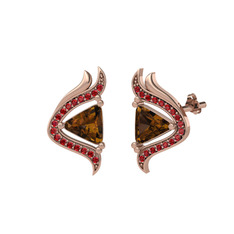 Dumanlı kuvars ve garnet 14 ayar rose altın küpe
