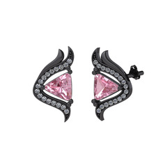 Pembe kuvars ve swarovski 925 ayar siyah rodyum kaplama gümüş küpe