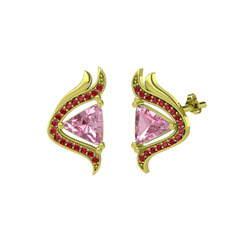 Pembe kuvars ve garnet 18 ayar altın küpe
