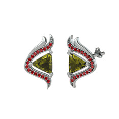 Zinnia Küpe - Peridot ve garnet 8 ayar beyaz altın küpe #5x8ili