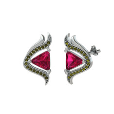 Rodolit garnet ve peridot 14 ayar beyaz altın küpe