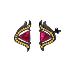 Zinnia Küpe - Rodolit garnet ve sitrin 925 ayar siyah rodyum kaplama gümüş küpe #jm234b