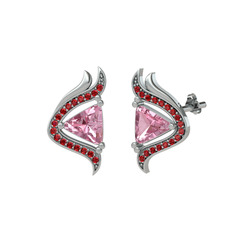 Zinnia Küpe - Pembe kuvars ve garnet 8 ayar beyaz altın küpe #wudc02