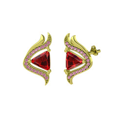 Garnet ve pembe kuvars 18 ayar altın küpe