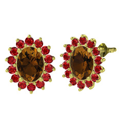 Eda Küpe - Dumanlı kuvars ve garnet 18 ayar altın küpe #118ceh1