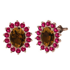 Eda Küpe - Dumanlı kuvars ve rodolit garnet 8 ayar rose altın küpe #171nsck