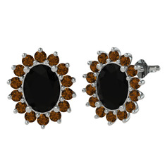 Eda Küpe - Siyah zirkon ve dumanlı kuvars 14 ayar beyaz altın küpe #1bdbzv7