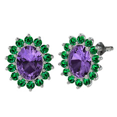 Ametist ve yeşil kuvars 14 ayar beyaz altın küpe