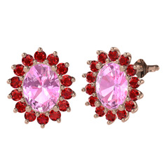 Pembe kuvars ve garnet 18 ayar rose altın küpe