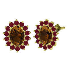 Dumanlı kuvars ve kök yakut 925 ayar altın kaplama gümüş küpe