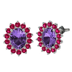 Eda Küpe - Ametist ve rodolit garnet 8 ayar beyaz altın küpe #1lxxinu