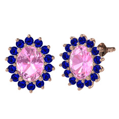 Pembe kuvars ve lab safir 18 ayar rose altın küpe