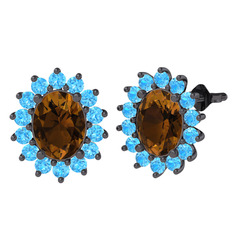 Eda Küpe - Dumanlı kuvars ve akuamarin 925 ayar siyah rodyum kaplama gümüş küpe #gjoln1