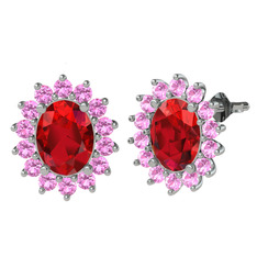 Garnet ve pembe kuvars 14 ayar beyaz altın küpe
