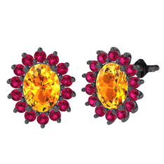 Eda Küpe - Sitrin ve rodolit garnet 925 ayar siyah rodyum kaplama gümüş küpe #k605o6
