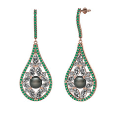 Siyah inci, beyaz zirkon ve kök zümrüt 14 ayar rose altın küpe