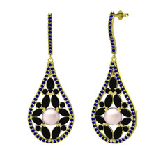 Apodemia İnci Küpe - Pembe inci, siyah zirkon ve lab safir 8 ayar altın küpe #10x7lai