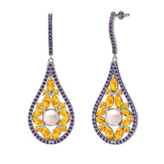 Pembe inci, sitrin ve ametist 8 ayar beyaz altın küpe