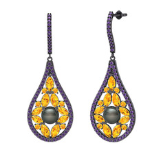 Siyah inci, sitrin ve ametist 925 ayar siyah rodyum kaplama gümüş küpe