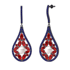 Inci, garnet ve lab safir 925 ayar siyah rodyum kaplama gümüş küpe