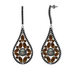 Apodemia İnci Küpe - Siyah inci, dumanlı kuvars ve siyah zirkon 18 ayar beyaz altın küpe #127tlcr