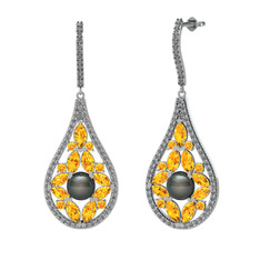 Apodemia İnci Küpe - Siyah inci, sitrin ve pırlanta 925 ayar gümüş küpe (1.11 karat) #12ka828