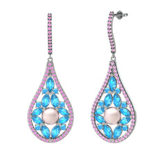 Apodemia İnci Küpe - Pembe inci, akuamarin ve pembe kuvars 8 ayar beyaz altın küpe #131lqxn