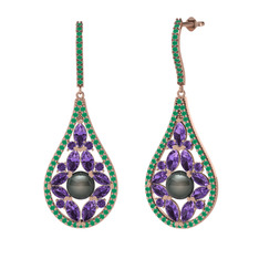 Siyah inci, ametist ve kök zümrüt 14 ayar rose altın küpe