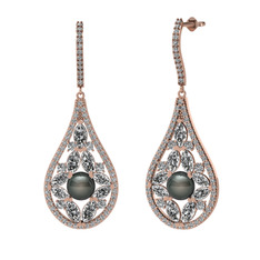 Siyah inci, beyaz zirkon ve swarovski 18 ayar rose altın küpe