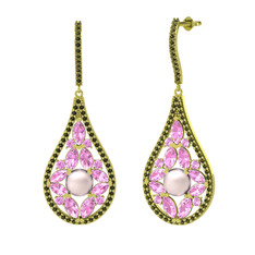 Pembe inci, pembe kuvars ve peridot 14 ayar altın küpe