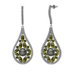 Apodemia İnci Küpe - Siyah inci, peridot ve pırlanta 925 ayar gümüş küpe (1.11 karat) #13qw65a