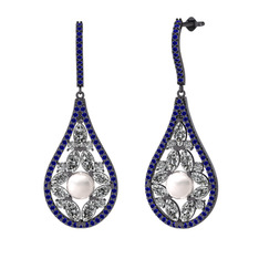 Apodemia İnci Küpe - Inci, beyaz zirkon ve lab safir 925 ayar siyah rodyum kaplama gümüş küpe #13tyqea