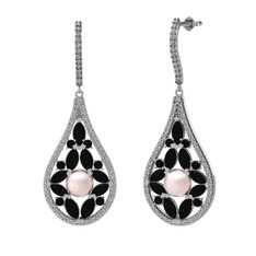 Apodemia İnci Küpe - Pembe inci, siyah zirkon ve swarovski 18 ayar beyaz altın küpe #1440ql7