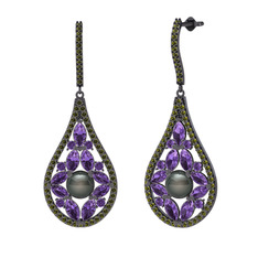 Apodemia İnci Küpe - Siyah inci, ametist ve peridot 925 ayar siyah rodyum kaplama gümüş küpe #14ccf5n