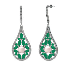 Apodemia İnci Küpe - Pembe inci, kök zümrüt ve beyaz zirkon 925 ayar gümüş küpe #14fp523