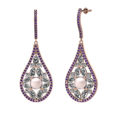 Pembe inci, swarovski ve ametist 925 ayar rose altın kaplama gümüş küpe