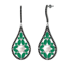 Inci, kök zümrüt ve siyah zirkon 18 ayar beyaz altın küpe