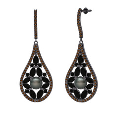 Apodemia İnci Küpe - Siyah inci, siyah zirkon ve dumanlı kuvars 925 ayar siyah rodyum kaplama gümüş küpe #14rq839